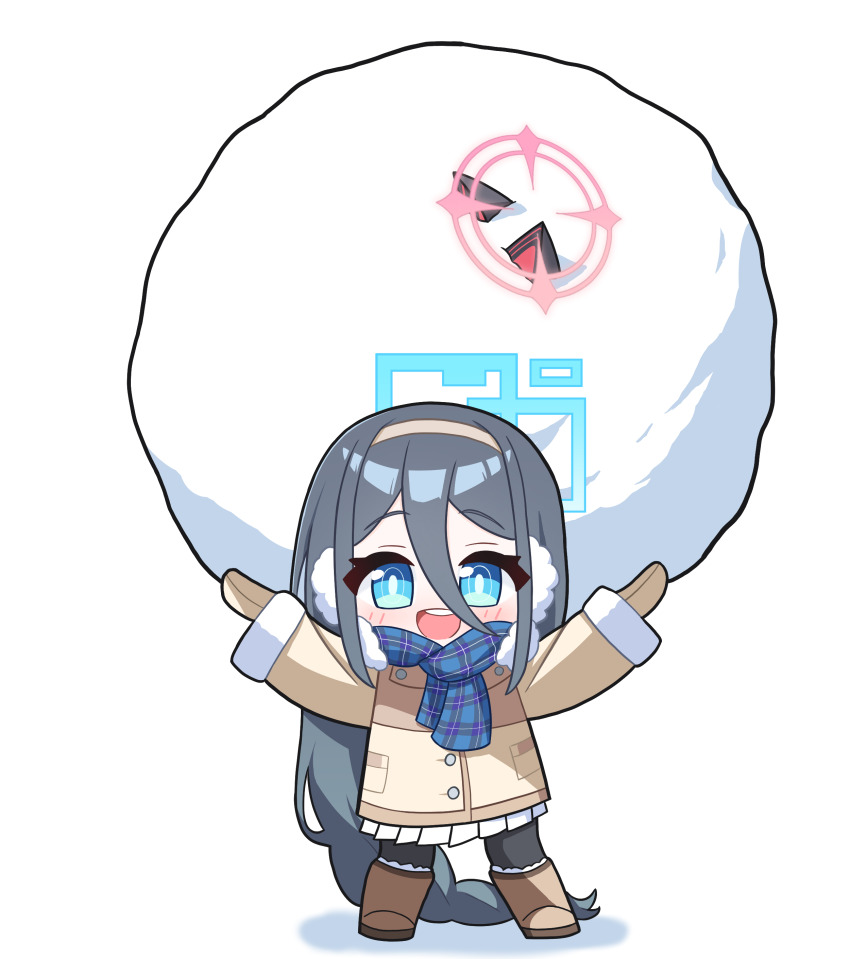 2girls absurdres aris_(blue_archive) aris_(winter)_(blue_archive) blue_archive blue_eyes blue_halo blue_scarf buried chibi chibi_only coat commentary earmuffs gloves hair_between_eyes hair_ornament hairclip halo highres jhsd lifting_object long_hair momoi_(blue_archive) multiple_girls pink_halo plaid_clothes plaid_scarf scarf shoes smile snow snowball standing teeth upper_teeth_only very_long_hair winter_clothes winter_coat