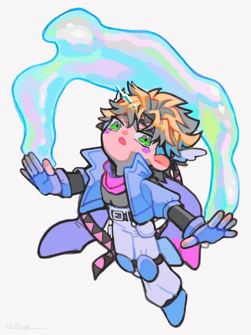 1boy :o arms_up battle_tendency belt blonde_hair blue_footwear bubble caesar_anthonio_zeppeli chibi collared_jacket cropped_jacket facial_mark fingerless_gloves gloves green_eyes hair_ornament half_gloves headband high_collar highres jacket jojo_no_kimyou_na_bouken knee_pads natchan_blue_(nanairopenki) open_mouth outstretched_arms pants scarf short_hair short_sleeves solo