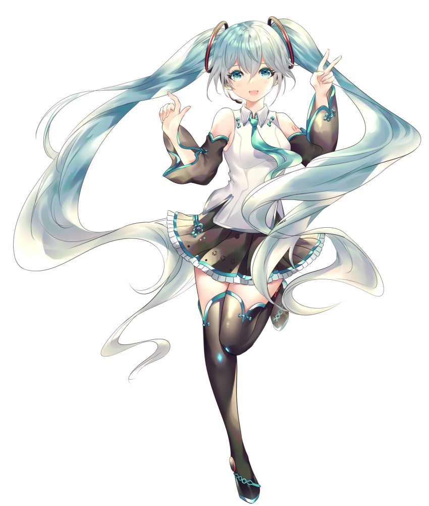 1girl :d absurdres bare_shoulders black_boots black_skirt black_sleeves black_thighhighs blush boots breasts collared_shirt frilled_skirt frills full_body green_eyes green_hair green_necktie hair_between_eyes hair_ornament hands_up hatsune_miku hatsune_miku_(vocaloid4)_(chinese) headphones headset highres long_hair long_sleeves looking_at_viewer necktie open_mouth pleated_skirt rhea_(0u0) shirt simple_background skirt sleeveless sleeveless_shirt small_breasts smile solo standing standing_on_one_leg thigh_boots thighhighs twintails v very_long_hair vocaloid white_background white_shirt wide_sleeves