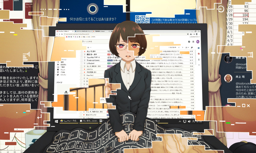 1girl bed_sheet blue_screen_of_death brown_hair commentary computer computer_mouse coronavirus_pandemic female_focus formal_clothes glasses gmail indoors keyboard laptop microsoft_windows office_lady original pajamas red_eyes short_hair sitting solo suit windows_10 yajirushi_(chanoma)