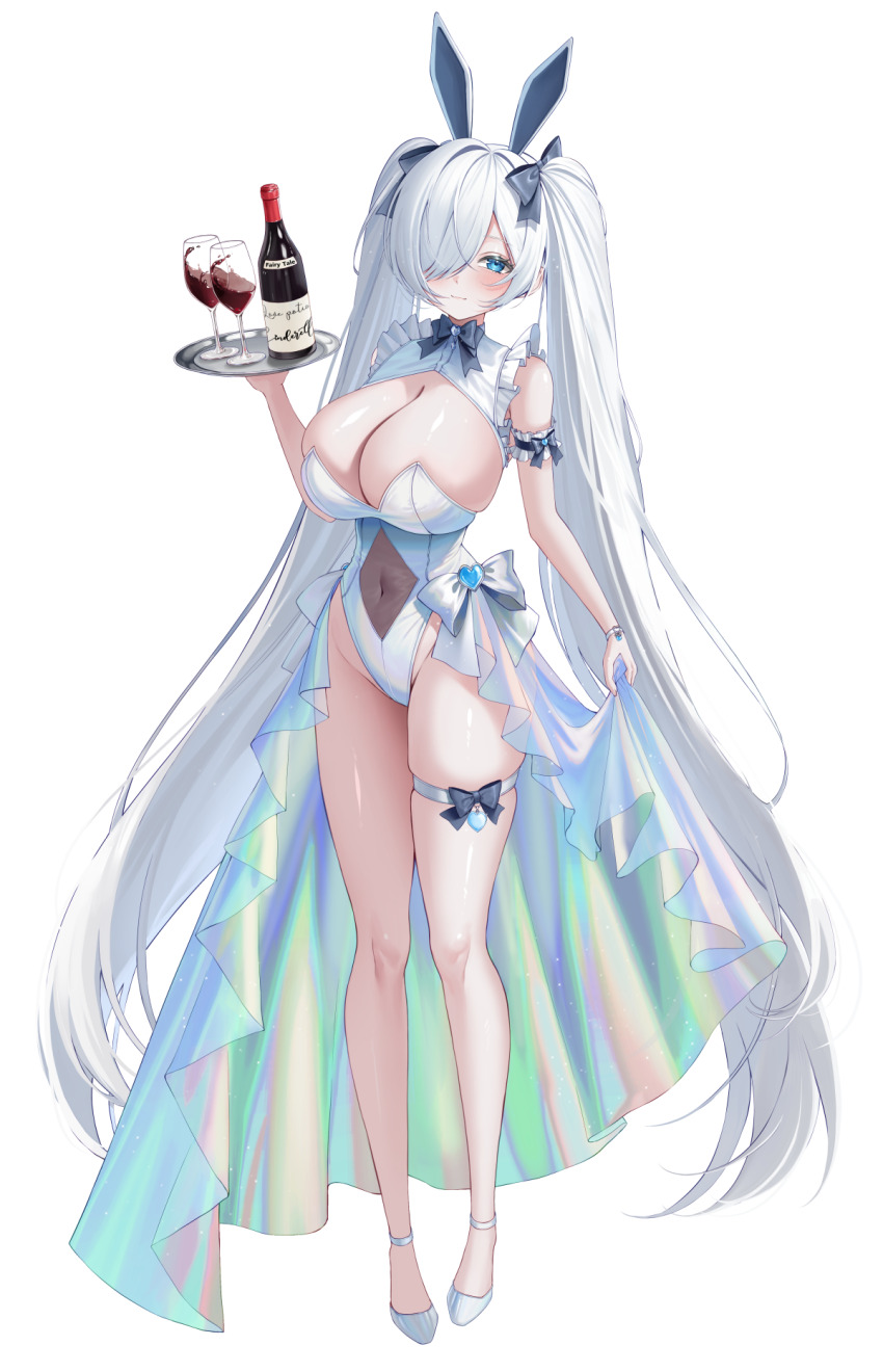 1girl alternate_costume animal_ears blue_eyes breasts cinderella_(nikke) cleavage commentary_request covered_navel fake_animal_ears full_body goddess_of_victory:_nikke hair_over_one_eye highres large_breasts leotard long_hair meraring playboy_bunny rabbit_ears see-through_clothes see-through_cutout simple_background solo thigh_strap twintails very_long_hair white_background white_hair white_leotard