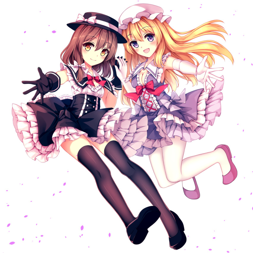 2girls arm_up black_dress black_footwear black_gloves black_hat black_thighhighs blonde_hair blush bow bowtie brown_hair dress elbow_gloves falling_petals fingernails frilled_dress frills gloves hair_between_eyes hat highres knees_together_feet_apart looking_at_viewer maribel_hearn mechrailgun multiple_girls open_mouth pantyhose petals purple_bow purple_bowtie purple_dress purple_eyes red_bow red_bowtie smile thighhighs touhou usami_renko white_background white_gloves white_hat