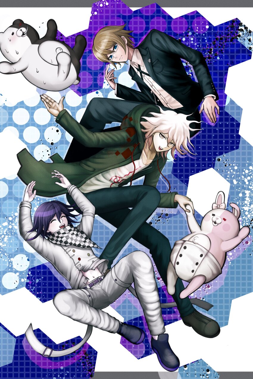 3boys absurdres arms_up black_jacket black_suit blonde_hair blue_eyes blush brown_eyes buttons checkered_clothes checkered_scarf closed_eyes collared_shirt commentary cross_tie danganronpa:_trigger_happy_havoc danganronpa_(series) danganronpa_2:_goodbye_despair danganronpa_v3:_killing_harmony dynamic_pose enju1938 falling flipped_hair formal_clothes glaring glasses green_jacket grey_hair grid_background hair_between_eyes happy highres holding_hands honeycomb_(pattern) honeycomb_background hood hood_down hooded_jacket in-franchise_crossover jacket komaeda_nagito long_sleeves male_focus medium_hair messy_hair midair monokuma monomi_(danganronpa) multiple_boys navel official_style oma_kokichi open_clothes open_jacket open_mouth pale_skin pants purple_hair scarf shirt short_hair smile stuffed_animal stuffed_toy suit sweat teddy_bear thigh_strap togami_byakuya two-tone_scarf white_pants white_shirt wind wind_lift