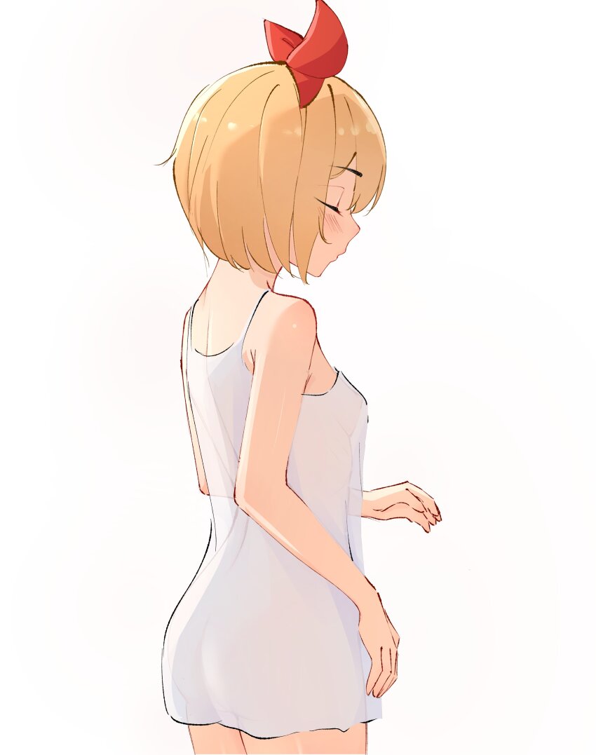 1girl absurdres ass babywipes blonde_hair bow_hairband breasts camisole closed_eyes commentary cowboy_shot english_commentary hairband highres petra_leyte re:zero_kara_hajimeru_isekai_seikatsu red_hairband red_ribbon ribbon see-through_clothes short_hair sidelighting simple_background small_breasts solo spaghetti_strap standing thighs white_background white_camisole