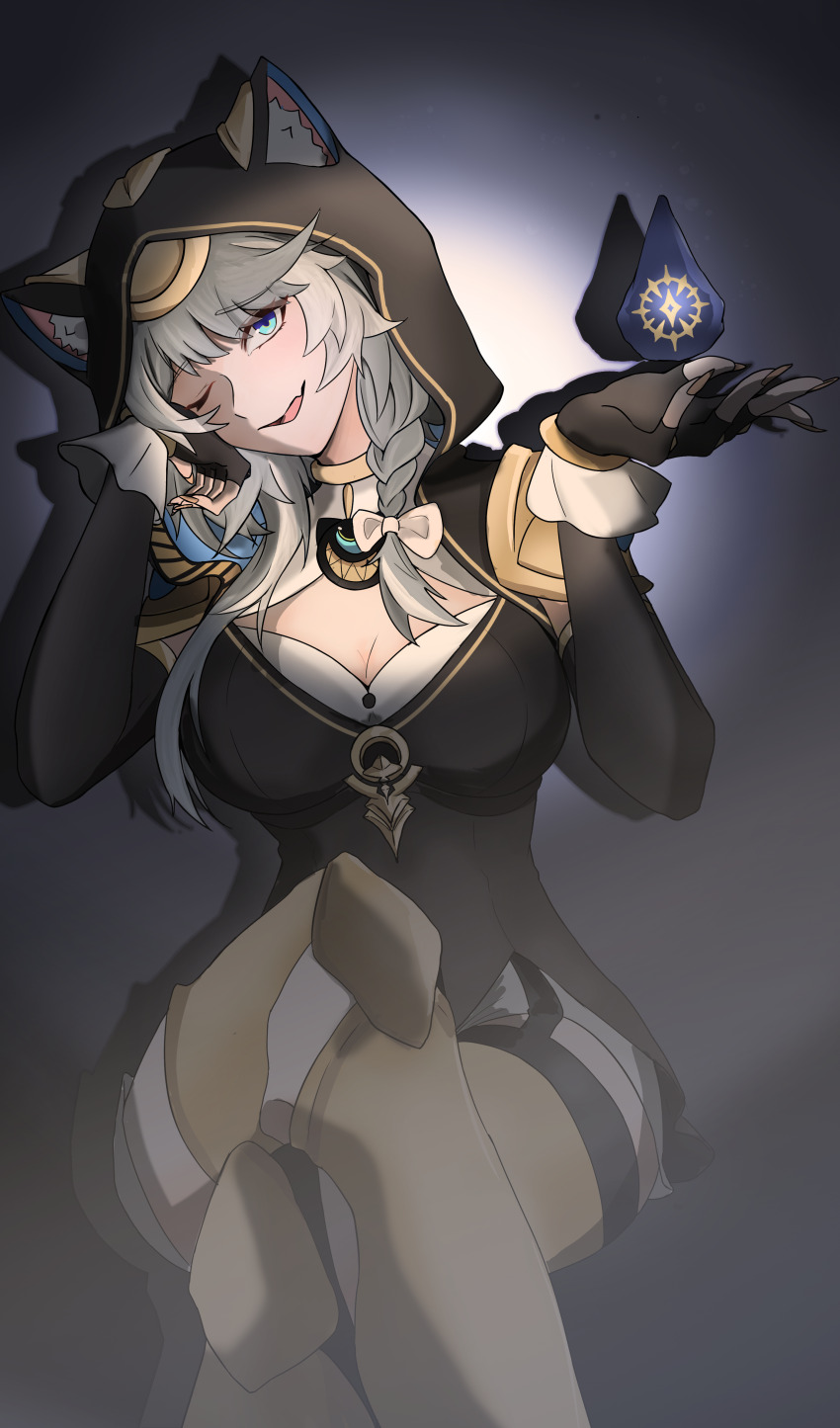 1girl absurdres animal_ear_fluff animal_ears animal_hood black_leotard blue_eyes boots breasts cat_ears cat_girl cat_hood chinese_commentary cipher_(honkai:_star_rail) cleavage commentary_request coreflame_(honkai:_star_rail) crossed_legs fang gold_boots grey_hair highres honkai:_star_rail honkai_(series) hood hooded_leotard large_breasts leotard parted_lips short_hair_with_long_locks skin_fang solo sujingyu976