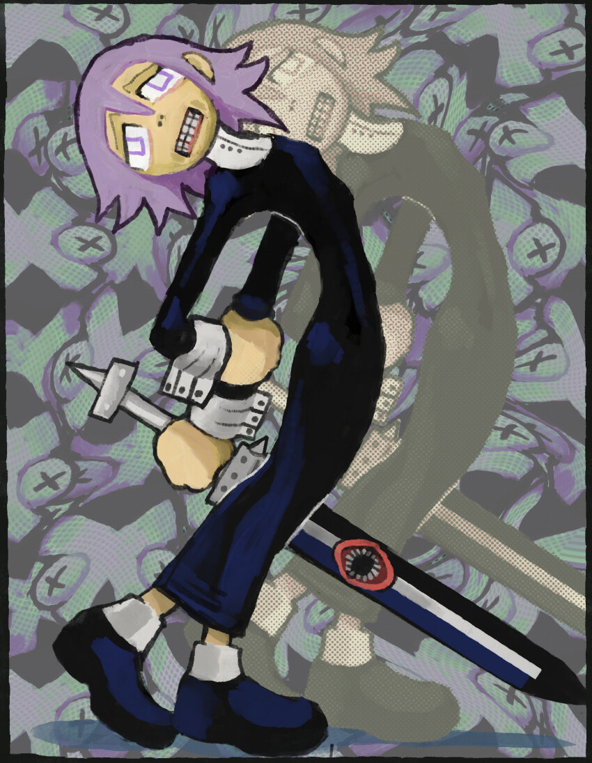 1other androgynous arms_behind_back bib_collar black_dress black_shoes crona_(soul_eater) dress gums hair_between_eyes highres holding holding_sword holding_weapon long_sleeves nostrils other_focus parted_lips plastiboo purple_eyes purple_hair ragnarok_(demon_sword) shoes soul_eater standing sword tareme teeth toon_(style) weapon x_x