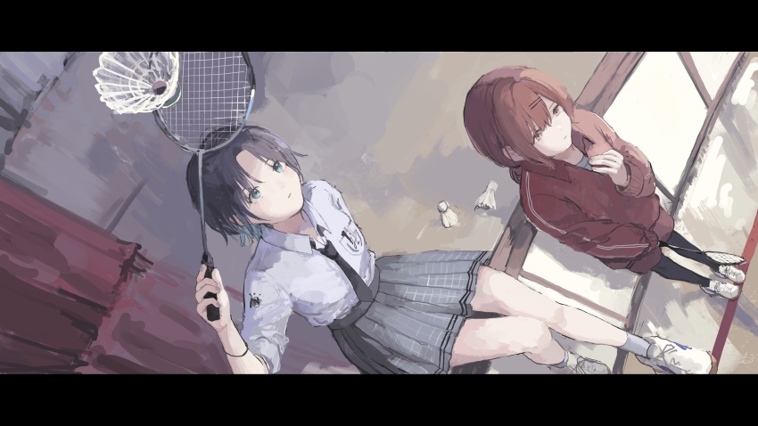 2girls 62_retas absurdres aqua_eyes asakura_toru badminton_racket black_hair black_necktie blue_eyes blue_hair breast_pocket brown_eyes brown_hair cellphone closed_mouth collared_shirt from_above gradient_hair grey_skirt hair_ornament hairclip highres higuchi_madoka holding holding_phone idolmaster idolmaster_shiny_colors jacket letterboxed long_sleeves looking_at_viewer looking_up mole mole_under_eye multicolored_hair multiple_girls necktie outdoors pants pantyhose parted_bangs phone plaid_clothes plaid_skirt pleated_skirt pocket racket red_jacket school_uniform shirt shoes short_hair shorts shuttlecock sitting skirt sneakers socks standing track_jacket track_suit white_shirt