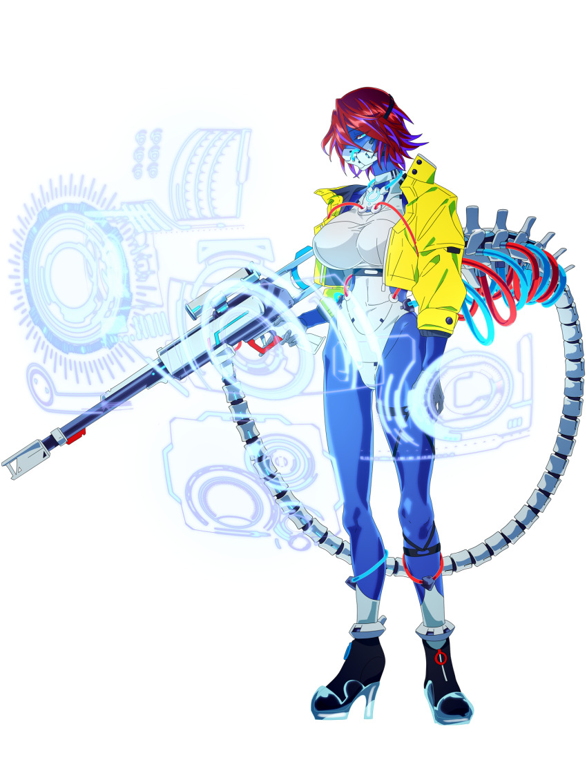 1girl aiz_gunafari black_shoes blue_skin breasts colored_skin dairoku_ryouhei full_body gun hair_between_eyes high_heels highres holding holding_gun holding_weapon holographic_interface impossible_clothes jacket large_breasts mask mitsu_tarou multicolored_hair open_clothes open_jacket purple_hair red_hair shoes short_hair solo streaked_hair transparent_background weapon yellow_jacket