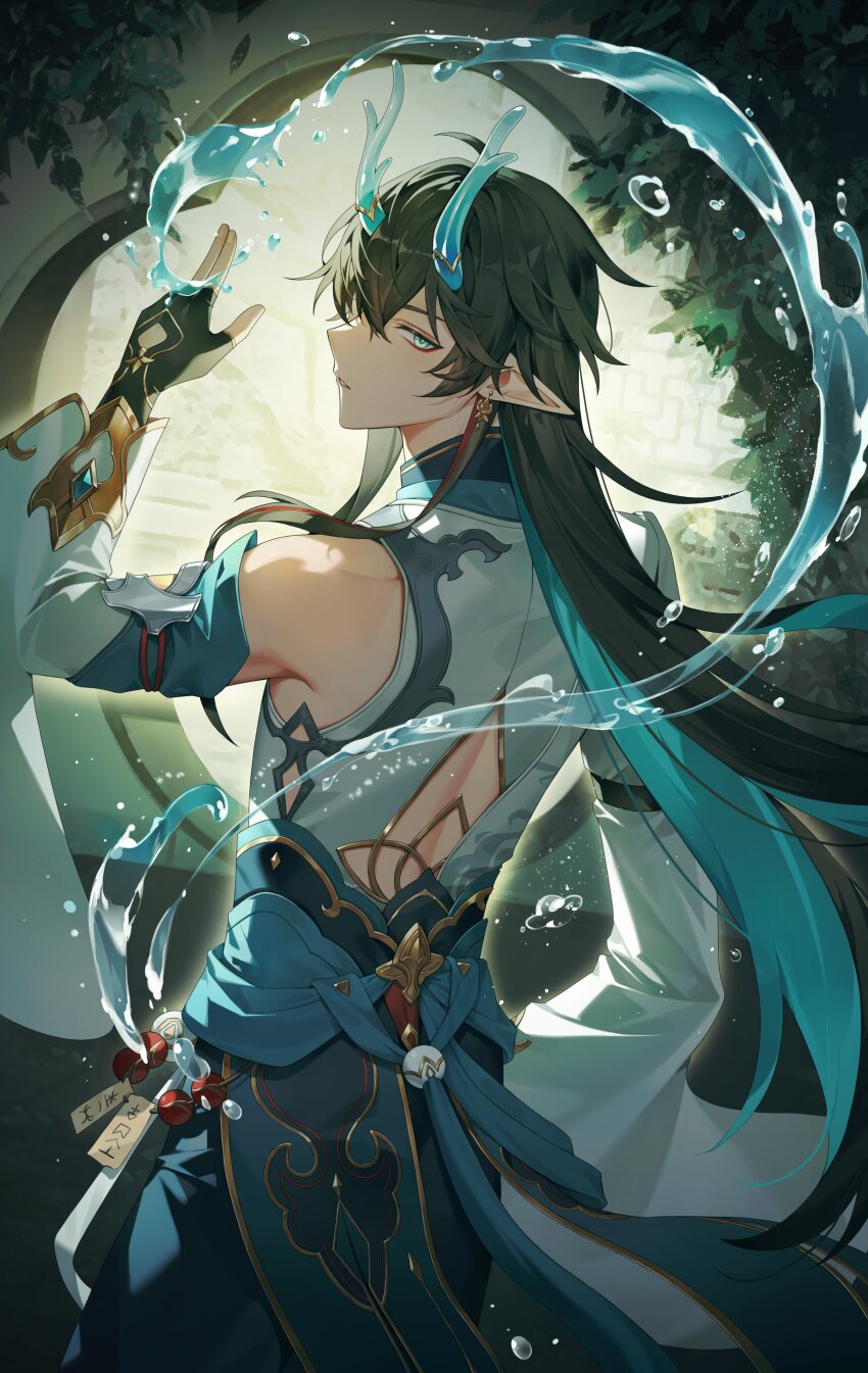 1boy 9_rnnr absurdres arch architecture back_cutout belt black_gloves black_hair black_pants clothing_cutout colored_inner_hair commentary dan_heng_(honkai:_star_rail) dan_heng_(imbibitor_lunae)_(honkai:_star_rail) detached_sleeves dragon_horns earrings east_asian_architecture fingerless_gloves gloves green_belt green_hair highres honkai:_star_rail honkai_(series) horns jewelry long_hair looking_at_viewer looking_back male_focus multicolored_hair pants parted_lips plant pointy_ears shirt sidelocks solo tassel tassel_earrings vines water white_shirt white_sleeves wide_sleeves