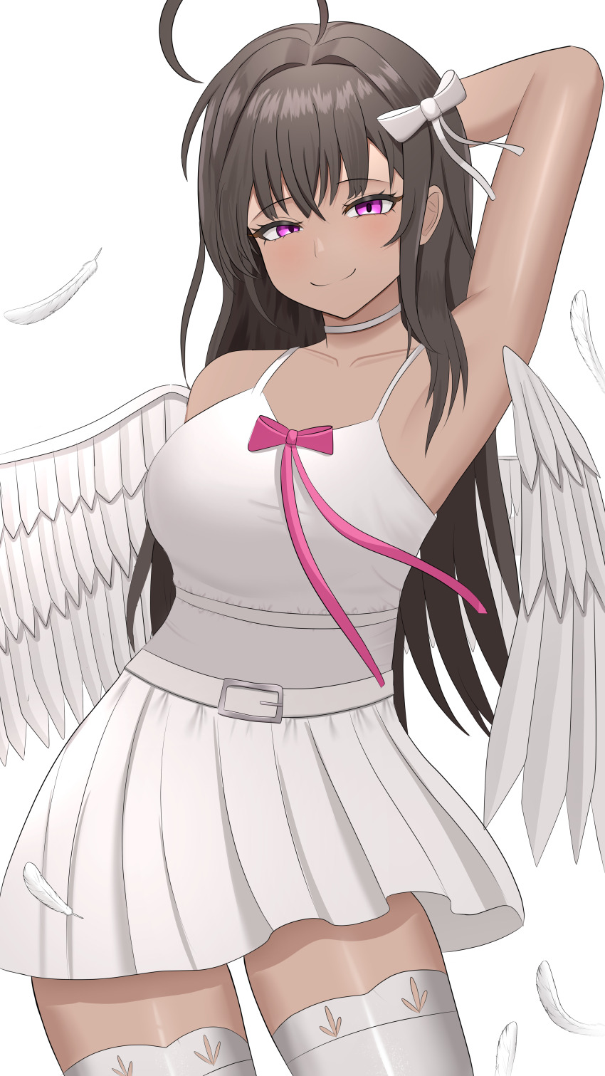 1girl absurdres angel angel_wings commission dress highres non-web_source original solo white_background white_dress wings yissou_art