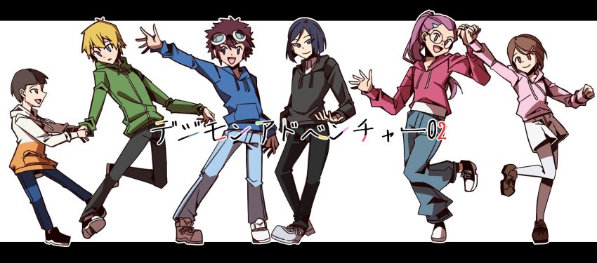 2girls 4boys alternate_costume black_border black_eyes black_hair black_hoodie black_pants blonde_hair blue_eyes blue_pants border brown_eyes brown_hair copyright_name denim digibibim digimon digimon_adventure_02 full_body goggles goggles_on_head green_jacket group_picture hida_iori highres hood hood_down hooded_jacket hoodie ichijouji_ken inoue_miyako jacket long_hair missing_commentary motomiya_daisuke multiple_boys multiple_girls orange_hoodie pants pink_hoodie short_hair shorts simple_background white_background white_shorts yagami_hikari
