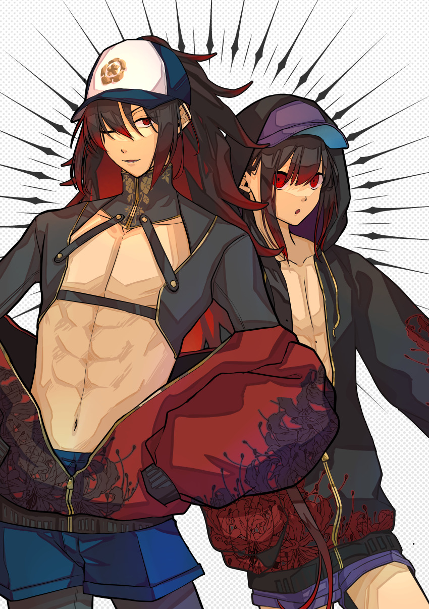 2boys :d :o abs absurdres baseball_cap bishounen black_hair black_hoodie blue_hat blue_shorts chest_harness chest_strap cleavage_cutout clothing_cutout cowboy_shot down_jacket drawstring fate/grand_order fate_(series) floral_print_jacket flower gold_trim hair_between_eyes hands_on_own_hips harness hat high_collar highres hiyoko_no_tamago hood hood_up hoodie jacket leggings_under_shorts light_rays long_sleeves looking_at_another lower_teeth_only male_focus male_swimwear multicolored_hair multiple_boys navel oda_kippoushi_(fate) oda_nobukatsu_(fate) oda_nobunaga_(fate) oda_uri one_eye_closed open_clothes open_hoodie open_mouth pectorals polka_dot polka_dot_background ponytail purple_hat purple_shorts red_eyes red_hair red_hoodie red_jacket shorts sidelocks smile spider_lily stomach swim_trunks teeth v-shaped_eyebrows white_background white_hat wide-eyed zipper zipper_pull_tab