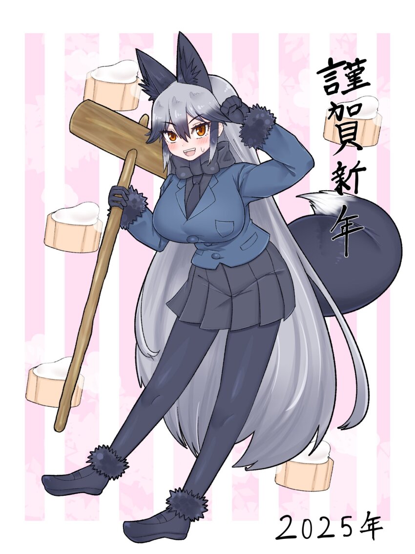 1girl 2025 animal_ears aramaru black_bow black_bowtie black_fur black_gloves black_hair black_necktie black_pantyhose black_shirt black_shoes black_skirt blue_jacket blush bow bowtie extra_ears food fox_ears fox_girl fox_tail full_body fur_trim gloves gradient_hair grey_hair hair_between_eyes highres jacket kemono_friends kine loafers long_sleeves looking_at_viewer mallet mochi multicolored_hair necktie open_mouth orange_eyes pantyhose paw_pose pleated_skirt shirt shoes sidelocks silver_fox_(kemono_friends) skirt smile solo sweatdrop tail translation_request