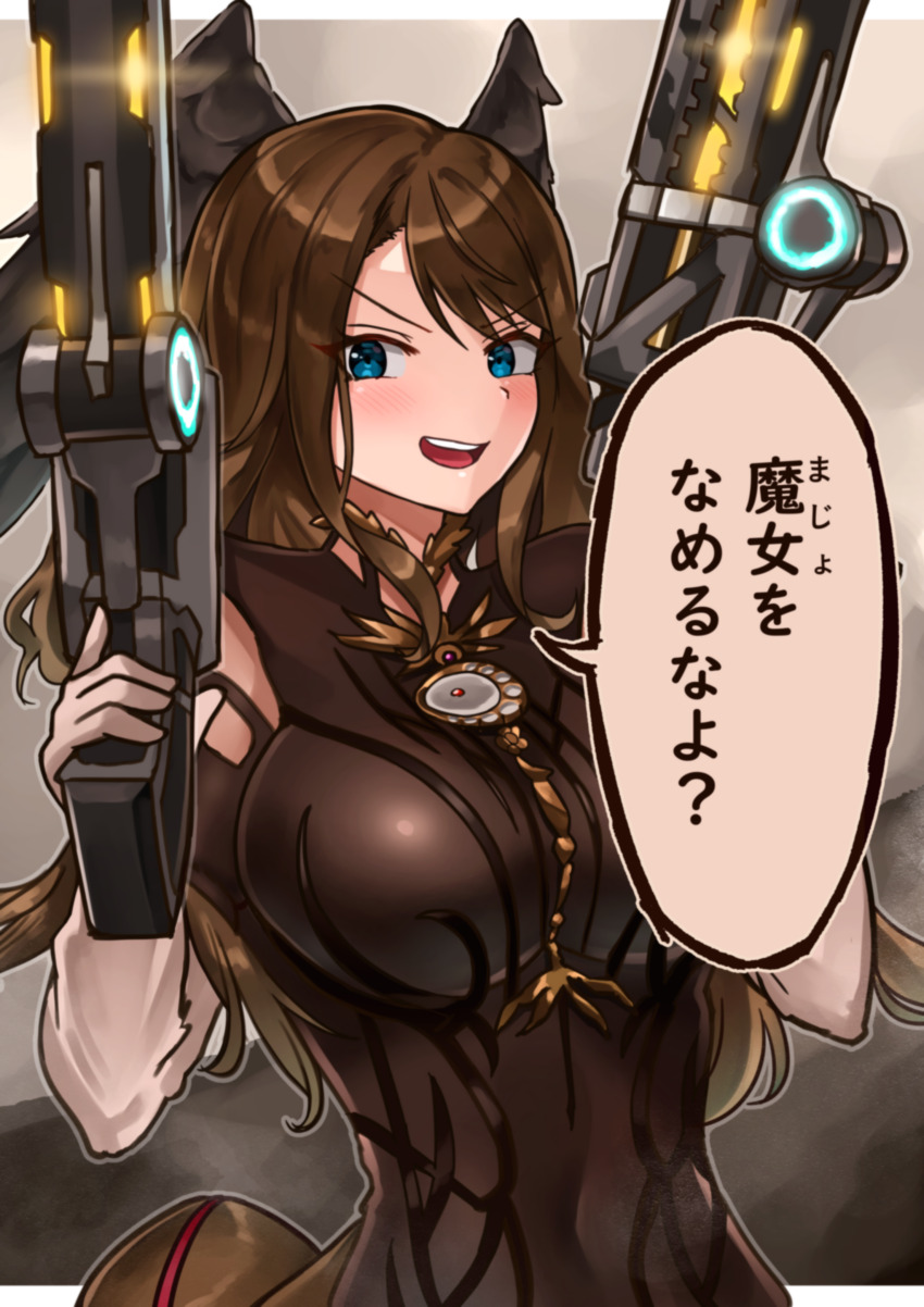 1girl absurdres alternate_color alternate_hair_length alternate_hairstyle bayonetta_(series) black_wings blue_eyes bodysuit border breasts brown_background brown_bodysuit brown_hair commentary dual_wielding elbow_gloves eunie_(xenoblade) feathered_wings gloves gun handgun head_wings highres holding holding_gun holding_weapon large_breasts letterboxed long_hair looking_at_viewer open_mouth outside_border smile solo speech_bubble teeth translation_request upper_teeth_only weapon white_border white_gloves wings xenoblade_chronicles_(series) xenoblade_chronicles_3 yotsuha_uni