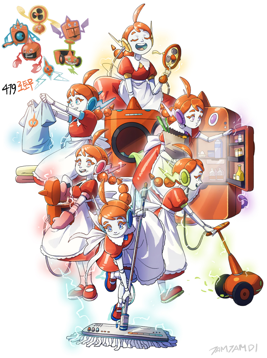 1girl absurdres ahoge apron bag blue_eyes braid closed_eyes colored_skin dress electricity food gen_4_pokemon grey_skin grin grocery_bag hand_fan handheld_electric_fan highres holding holding_bag holding_fan holding_food holding_mop holding_shirt holding_unworn_clothes joints laundry lawnmower maid mary_janes mop multiple_views nintendo onigiri open_mouth orange_hair oven_mitts pokemon pokemon_(creature) puffy_short_sleeves puffy_sleeves purple_eyes red_dress reference_inset refrigerator robot_joints rotom rotom_(fan) rotom_(frost) rotom_(heat) rotom_(mow) rotom_(normal) rotom_(wash) shirt shoes shopping_bag short_sleeves signature smile socks tamtamdi translated unworn_shirt waist_apron washing_machine white_socks