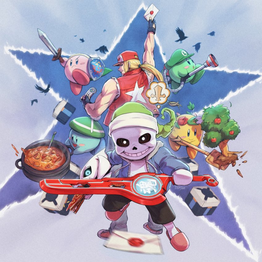 2boys animal_crossing baseball_cap beanie bird blonde_hair blue_eyes box card copy_ability cosplay crow curry fatal_fury food gloria_(pokemon) gloves hat highres holding holding_sword holding_weapon hylian_shield kirby kirby_(series) link long_hair looking_at_viewer loot_box luigi luigi&#039;s_mansion luigi_(cosplay) mario_(series) monado multiple_boys nintendo open_mouth overwatch overwatch_1 pokemon pokemon_swsh poltergust_g-00 ponytail raven sans_(cosplay) sans_(undertale) shield shulk_(cosplay) shulk_(xenoblade) simple_background skeleton snk speech_bubble star_(symbol) stup-jam super_kirby_clash super_smash_bros. sword terry_bogard the_king_of_fighters the_legend_of_zelda the_legend_of_zelda:_link&#039;s_awakening thought_bubble tree undertale vacuum_cleaner weapon xenoblade_chronicles_(series) xenoblade_chronicles_1