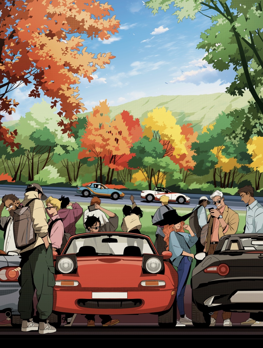 2girls 6+boys absurdres backpack bag baseball_cap black_car black_hair black_pants blonde_hair blue_car blue_shirt brown_hat brown_jacket car cloud collared_shirt commentary crowd dark-skinned_male dark_skin english_commentary eunos_roadster facial_hair forest grey_footwear hat highres holding holding_phone jacket juan_alcala leaning_back lime_rock_park mazda mazda_mx-5 mazda_mx-5_na mazda_mx-5_nd motor_vehicle multiple_boys multiple_girls mustache nature new_balance official_art orange_hair original pants phone pink_shirt ponytail pop-up_headlights racetrack real_world_location red_car shirt sky tree vehicle_focus white_car white_hair white_hat