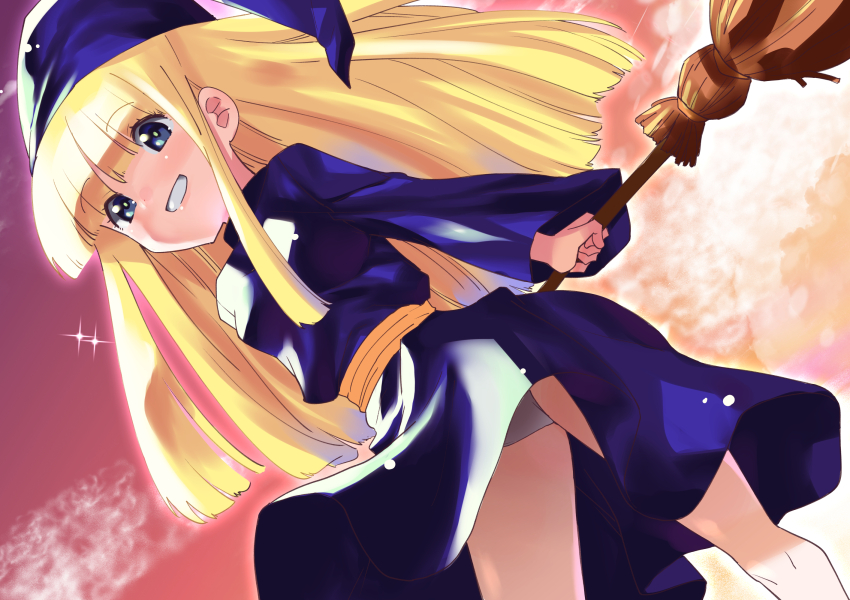 blonde_hair blue_dress blue_eyes blue_hat blue_robe broom cloud dress grin hat highres holding holding_broom long_hair panties pantyshot puyopuyo robe smile sparkle toku_sonchou underwear upskirt white_panties witch witch_(puyopuyo)