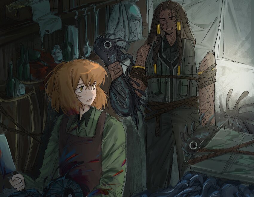 2girls apron barrel bottle braid brown_apron brown_hair butchering collared_shirt green_pants green_shirt green_vest grin hair_tubes highres holding holding_knife humian0101 indoors ishmael_(project_moon) ishmael_(the_pequod)_(project_moon) knife limbus_company long_hair long_sleeves mermaid_(project_moon) multiple_girls open_mouth pants project_moon queequeg_(project_moon) rope shirt smile tent very_long_hair vest