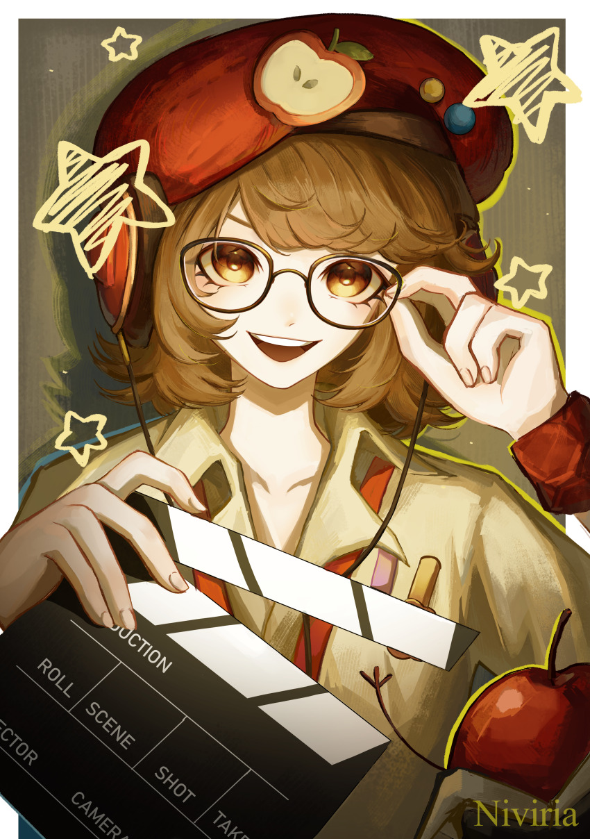 1girl :d absurdres adjusting_eyewear apple apple_(reverse:1999) artist_name beret border brown_hair clapperboard collared_shirt food fruit glasses grey_background hands_up hat headphones highres holding niviria_artist official_alternate_costume open_mouth orange_eyes outside_border red_hat regulus_(reverse:1999) reverse:1999 shirt short_hair smile solo star_(symbol) teeth upper_body upper_teeth_only white_border white_shirt