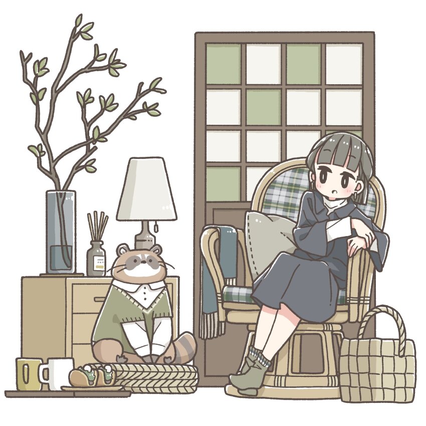 1girl basket brown_hair cup earrings east_sha2 highres jewelry lamp long_sleeves mug open_mouth original raccoon short_hair sitting socks solo