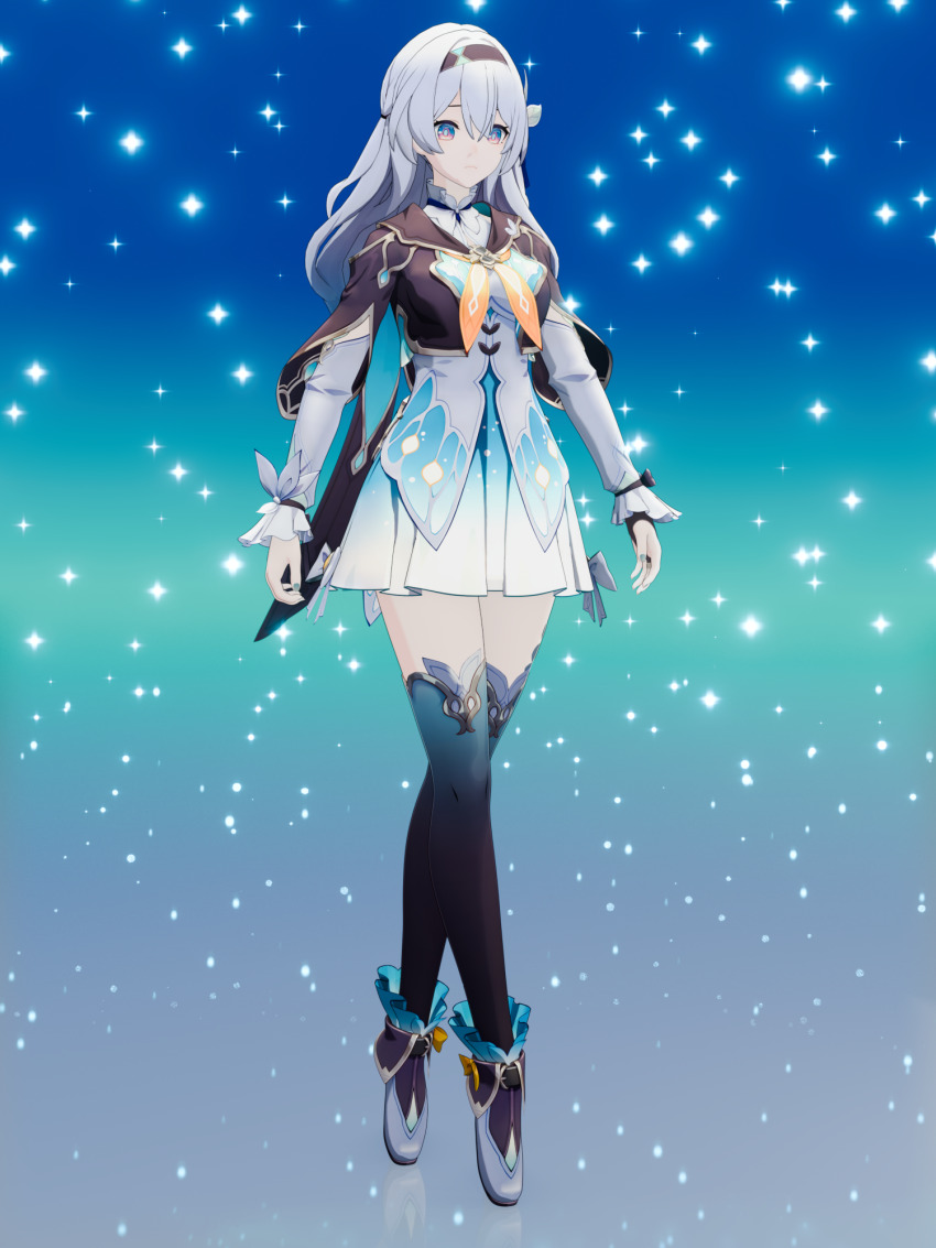 1girl 3d adapted_costume arms_at_sides ballet_boots blender_(medium) bridal_gauntlets finathai firefly_(honkai:_star_rail) full_body hair_ornament hairband high_heels highres honkai:_star_rail honkai_(series) long_hair paid_reward_available pink_eyes reflection solo standing thighhighs white_hair