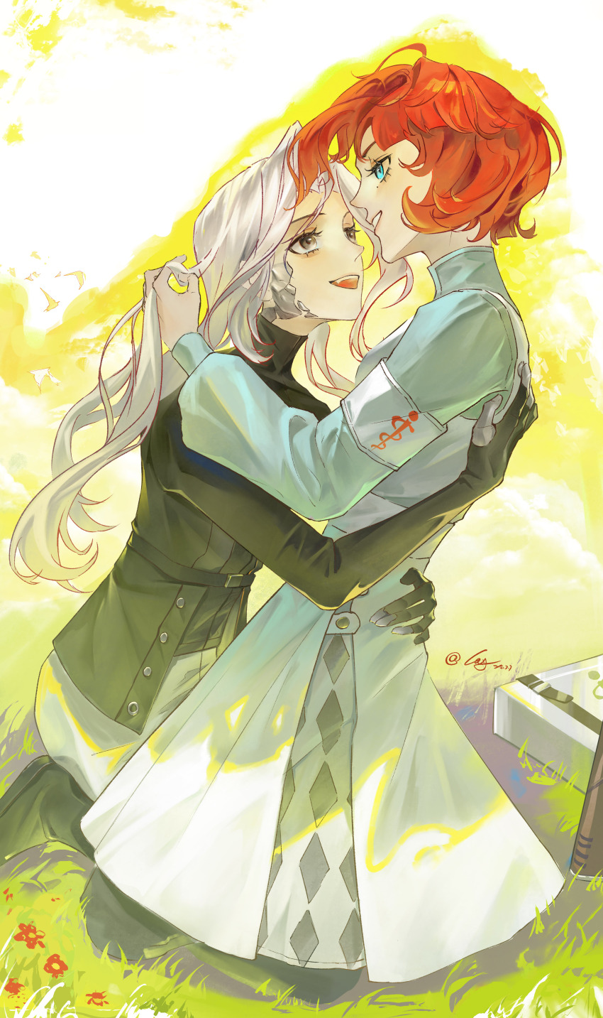 2girls :d absurdres armband black_boots black_gloves black_jacket blue_eyes blue_shirt boots couple dress eye_contact face-to-face full_body gloves grass grey_eyes grey_hair grin highres holding_another&#039;s_hair hug jacket kneeling long_dress long_hair looking_at_another maila_moguyu marsha_(reverse:1999) mole mole_under_eye multiple_girls open_mouth pants red_hair reverse:1999 sentinel_(reverse:1999) shirt short_hair smile white_armband white_dress white_pants yellow_background yuri