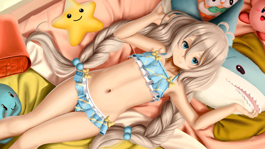 1girl antenna_hair backpack bag bare_legs bare_shoulders bikini blue_bikini blue_eyes bow braid closed_mouth collarbone commission dkoro feet_out_of_frame female_focus flat_chest gen_7_pokemon grey_hair hair_bobbles hair_ornament kirby kirby_(series) kokkoro_(princess_connect!) kokkoro_(real)_(princess_connect!) long_hair looking_at_viewer lying midriff navel nintendo on_back paid_reward_available plaid_bikini plaid_clothes pokemon pokemon_(creature) princess_connect! randoseru rowlet smile star_(symbol) stuffed_animal stuffed_shark stuffed_toy swimsuit twin_braids very_long_hair yellow_bow