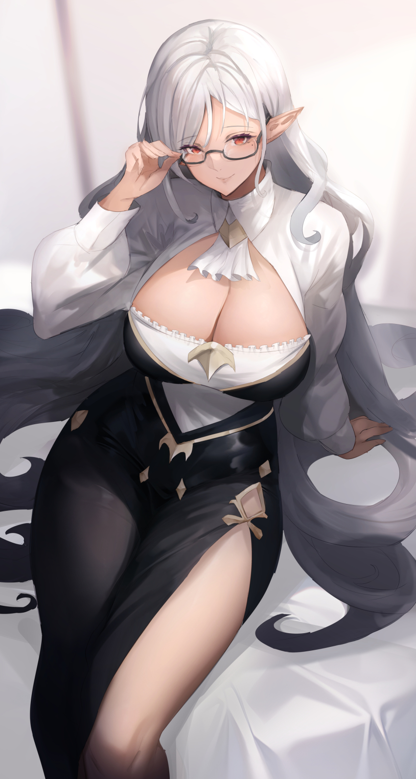 1girl absurdres adjusting_eyewear ascot baketsu black_dress breasts cleavage commentary_request dress elf feet_out_of_frame from_above glasses grey_hair highres large_breasts light_smile long_hair long_sleeves looking_at_viewer looking_up original pointy_ears puffy_sleeves rectangular_eyewear red_eyes semi-rimless_eyewear sitting solo under-rim_eyewear very_long_hair white_ascot