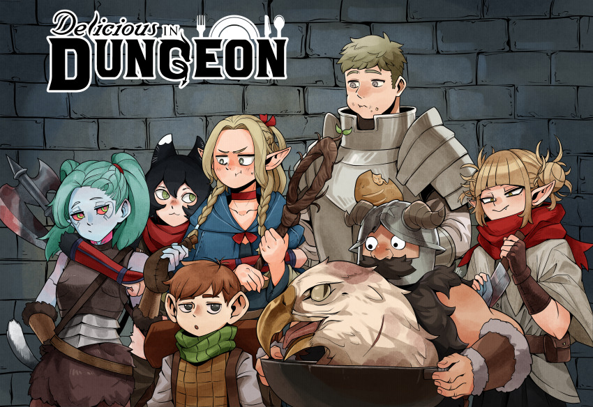 3boys 4girls :i :o :t absurdres animal_ears arm_guards armor artificial_eye backpack bag beard bird black_hair blonde_hair blue_capelet blue_robe blush boku_no_hero_academia braid bread brick_wall brown_eyes brown_gloves brown_skirt capelet cat_ears cat_girl chilchuck_tims choker closed_mouth colored_sclera colored_skin commentary copyright_name covered_mouth crop_top crossover cyberpunk_(series) cyberpunk_edgerunners double_bun dungeon_meshi dwarf eagle eating elf english_commentary english_text eyeliner facial_hair fake_horns fang fang_out fingerless_gloves food food_bite food_on_face french_braid frown fur_trim gloves gorget green_eyes green_hair green_scarf grey_skin hair_bun half-closed_eyes halfling hands_up helmet highres holding holding_knife holding_staff hood hood_down hooded_capelet horned_helmet horns hug hug_from_behind izutsumi knife laios_touden leather leather_armor leather_gloves long_beard long_hair long_sleeves looking_at_viewer makeup marcille_donato mechanical_eye midriff mixed-language_commentary multiple_boys multiple_braids multiple_crossover multiple_girls mustache neck_tattoo parted_bangs pauldrons plate_armor pointy_ears pout rebecca_(cyberpunk) red_sclera reverse_grip robe scarf senshi_(dungeon_meshi) severed_head shirt short_hair shoulder_armor side_braid skirt sleeveless sprout staff tattoo toga_himiko twintails unusualpie vambraces waterskin white_shirt wok