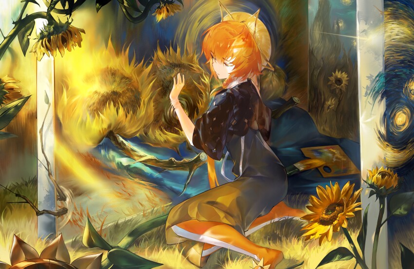 1girl absurdres blue_capelet blue_dress blue_eyes capelet chiaspicy closed_mouth commentary dress english_commentary fate/grand_order fate_(series) flower full_body grass half-closed_eyes highres looking_down medium_hair orange_hair paintbrush painting_(object) paint_palette red_socks ripples sitting socks solo starry_night_(van_gogh) sunflower van_gogh_(fate) van_gogh_(first_ascension)_(fate) yellow_headwear yokozuwari