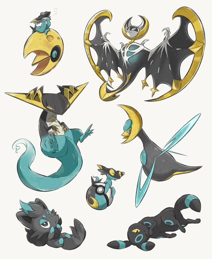 alternate_color aqua_eyes bright_pupils claws closed_mouth commentary cresselia dragapult dreepy gen_2_pokemon gen_3_pokemon gen_4_pokemon gen_5_pokemon gen_7_pokemon gen_8_pokemon highres komugicorn legendary_pokemon lunala lunatone lying moon_ball nintendo no_humans one_eye_closed poke_ball pokemon pokemon_(creature) simple_background umbreon white_background yellow_eyes zorua