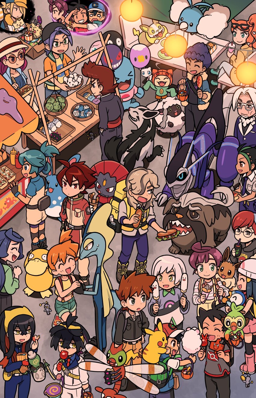 &gt;_&lt; 6+boys 6+girls :3 :t ^_^ absurdres arven_(pokemon) ash_ketchum asymmetrical_hair azumarill backpack backwards_hat bag balloon baseball_cap basket black_hair blonde_hair blue_eyes blue_hair blush brown_hair candy candy_apple carmine_(pokemon) chloe_(pokemon) chrysa_(pokemon) clavell_(pokemon) closed_eyes clothed_pokemon coin commentary cookie cotton_candy crepe crossed_legs cup danika_(pokemon) dawn_(pokemon) denim denim_shorts ditto drinking drinking_straw eating eevee fanny_pack fidough food food_on_face food_stand gary_oak gen_1_pokemon gen_2_pokemon gen_3_pokemon gen_4_pokemon gen_8_pokemon gimmighoul gimmighoul_(roaming) glasses gloves goh_(pokemon) green_eyes grey_eyes grookey gym_leader hair_over_one_eye hair_tie hands_in_pockets hat highres hodge_(pokemon) holding holding_balloon holding_basket holding_coin holding_cotton_candy holding_crepe holding_cup holding_food hop_(pokemon) horace_(pokemon) inteleon jacket james_(pokemon) jessie_(pokemon) kieran_(pokemon) lantern legendary_pokemon lollipop long_hair low_ponytail mabosstiff macaron meowth mew_(pokemon) mightyena miraidon misty_(pokemon) morpeko morpeko_(full) multicolored_hair multiple_boys multiple_girls mythical_pokemon nemona_(pokemon) nintendo on_chair on_shoulder open_clothes open_jacket open_mouth orange_hair penny_(pokemon) pikachu pink_hair piplup poke_ball_print pokemon pokemon_(anime) pokemon_(creature) pokemon_journeys pokemon_legends:_arceus pokemon_on_shoulder pokemon_sv poltchageist pompadour ponytail psyduck quillon_(pokemon) rotom rotom_phone sandwich school_uniform shirt short_hair shorts shuan_0420 side_ponytail single_glove smile sonia_(pokemon) sunglasses swablu sweatdrop swirl_lollipop takoyaki tank_top thighhighs togepi two-tone_hair uva_academy_school_uniform very_long_sleeves volo_(pokemon) weavile white_hair wobbuffet wooloo wrapped_candy yakisoba yamper yanma yellow_eyes yellow_shirt