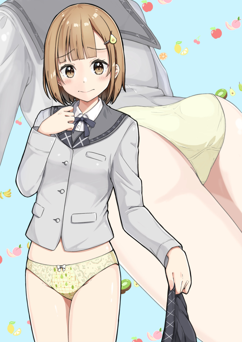 1girl absurdres ass blue_background blunt_ends blush bow bow_panties breasts brown_eyes brown_hair buttons closed_mouth collared_shirt commentary_request commission cowboy_shot crotch_seam dress_shirt embarrassed food-themed_hair_ornament food_print fruit_background fruit_print grey_jacket grey_ribbon grey_sailor_collar grey_skirt hair_ornament hand_up highres holding holding_unworn_clothes holding_unworn_skirt jacket large_variant_set long_sleeves looking_at_viewer medium_hair multiple_views neck_ribbon negimiso1989 no_pants original panties pear_hair_ornament pixiv_commission pleated_skirt raised_inner_eyebrows ribbon sailor_collar school_uniform serafuku shirt skirt small_breasts sparkle_print standing underwear unworn_skirt variant_set white_bow white_shirt yellow_panties zoom_layer