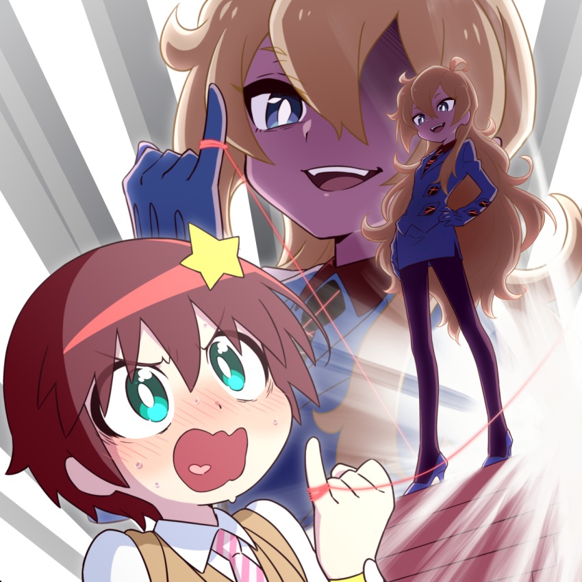 10s 1boy 1girl ahoge alpha_omega_nova aqua_eyes backlighting black_pantyhose blue_eyes blush covers_(kill_la_kill) formal_clothes genderswap genderswap_(ftm) genderswap_(mtf) hair_ornament hand_on_own_hip heart heart_in_mouth highres kill_la_kill long_hair looking_down luluco mt.somo necktie pantyhose projected_inset school_uniform skirt skirt_suit star_(symbol) star_hair_ornament string string_of_fate striped_necktie striped_neckwear suit sweat uchuu_patrol_luluco