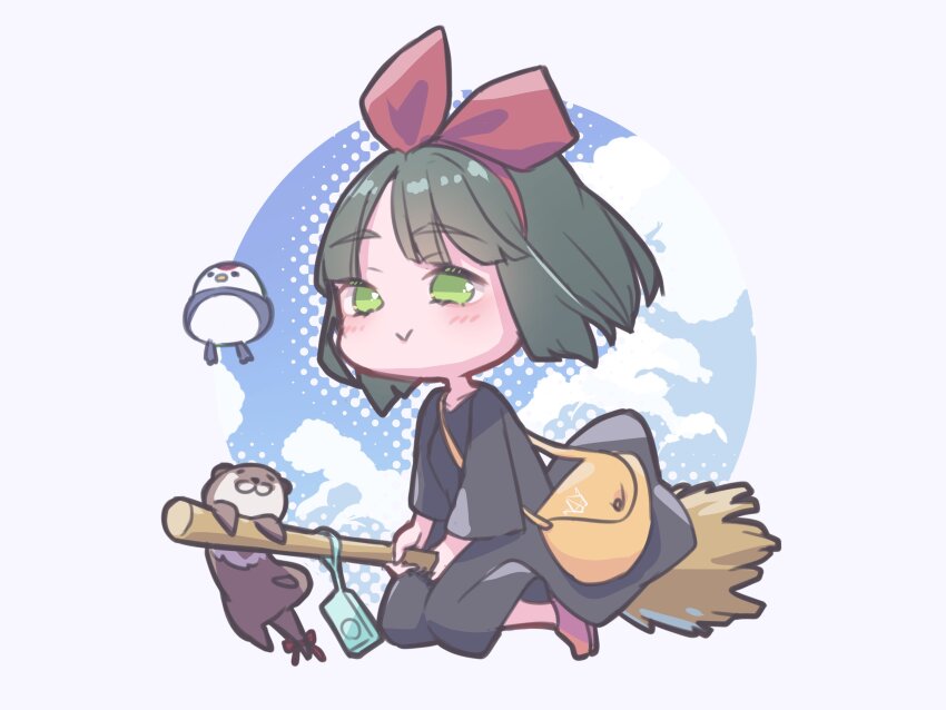 1girl :&gt; absurdres animal bag black_dress black_hair blue_sky blunt_bangs blunt_ends blush bow bow_hairband broom broom_riding closed_mouth cloud commentary cosplay deformed dress full_body green_eyes hairband highres kiki_(majo_no_takkyuubin) kiki_(majo_no_takkyuubin)_(cosplay) kirisaki_nuko link!_like!_love_live! long_dress love_live! majo_no_takkyuubin momose_ginko otter pink_shoes red_bow red_hairband round_image satchel shoes short_hair sky smile solo stuffed_animal stuffed_bird stuffed_toy three-quarter_sleeves tsuru_(love_live!) virtual_youtuber yellow_bag