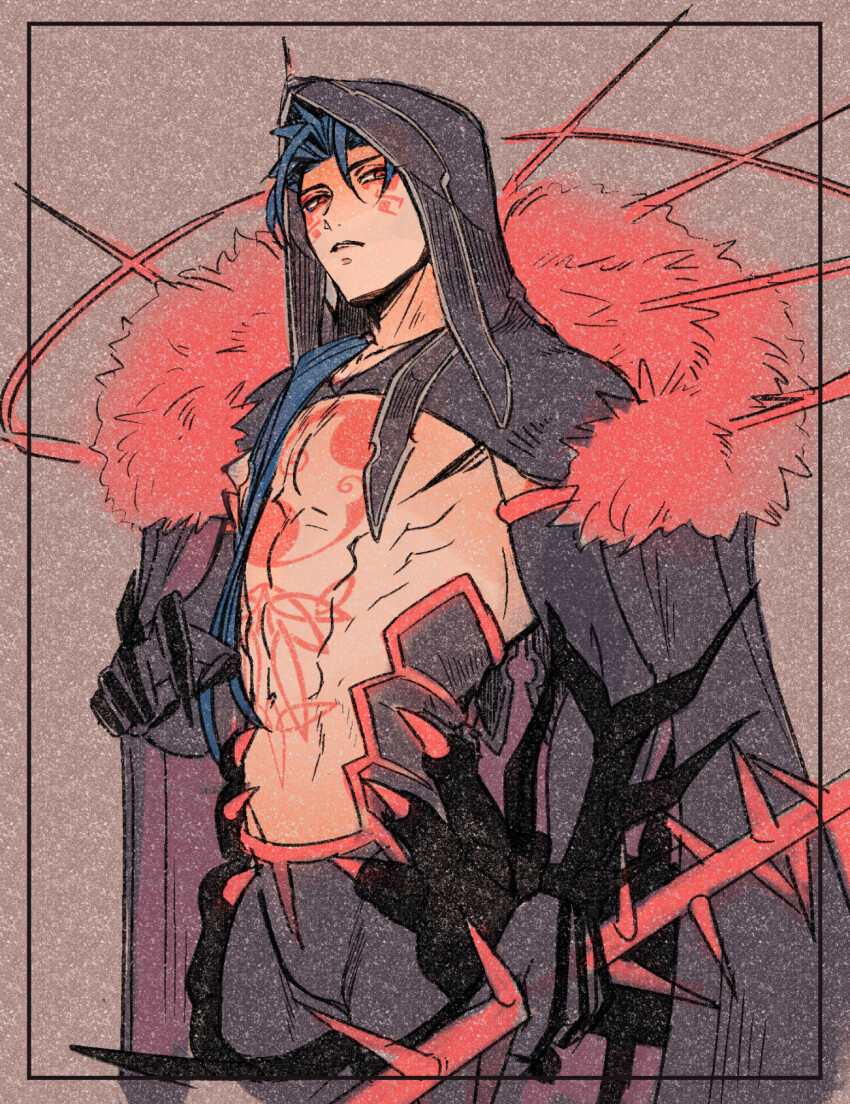 1boy bare_pectorals blue_hair bodypaint chest_tattoo cu_chulainn_(fate) cu_chulainn_alter_(fate) cu_chulainn_alter_(third_ascension)_(fate) dark_blue_hair detached_hood facepaint fate/grand_order fate_(series) fur_trim gae_bolg_(fate) hair_strand highres hood hood_up male_focus osoba_(smen29) pectorals polearm spear spikes tattoo weapon