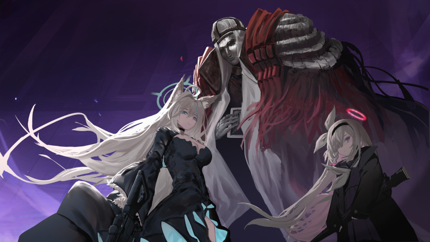 1boy 2girls absurdres aircctzillie animal_ear_fluff animal_ears assault_rifle bandaged_hand bandages black_choker black_dress black_hairband black_jacket black_sailor_collar black_serafuku black_shirt black_skirt black_umbrella blue_archive blue_eyes breasts choker cleavage cloak cross_hair_ornament dress grey_eyes gun hair_between_eyes hair_ornament hair_over_one_eye hair_ribbon hairband highres holding holding_gun holding_umbrella holding_weapon jacket large_breasts long_hair looking_at_viewer multiple_girls phrenapates_(blue_archive) plana_(blue_archive) red_cloak ribbon rifle sailor_collar school_uniform serafuku shiroko_(blue_archive) shiroko_terror_(blue_archive) shirt sidelocks sig_sauer sig_sauer_556 skirt umbrella weapon white_hair white_mask white_ribbon wolf_ears wolf_girl
