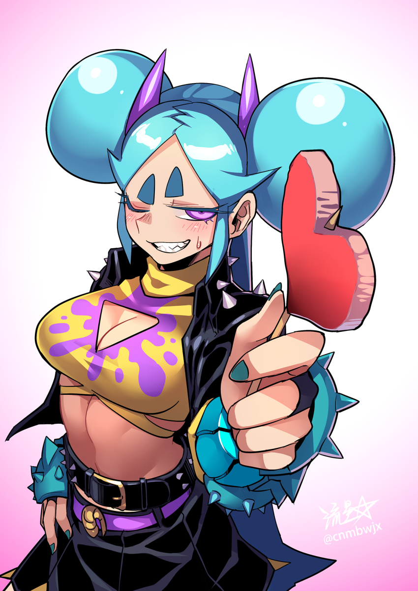 1girl belt black_jacket blue_hair breasts candy cleavage cleavage_cutout clothing_cutout commentary crop_top double_bun food gradient_background grin hair_bun heart heart-shaped_food heart-shaped_lollipop highres holding holding_candy holding_food holding_lollipop horns jacket lollipop long_hair medium_breasts midriff miniskirt one_eye_closed original pink_background purple_eyes purple_horns raised_eyebrow ryuusei_(mark_ii) shaped_lollipop sharp_teeth shrimball_(ryuusei_(mark_ii)) signature skirt smile solo teeth thick_eyebrows twitter_username upper_body vambraces very_long_hair
