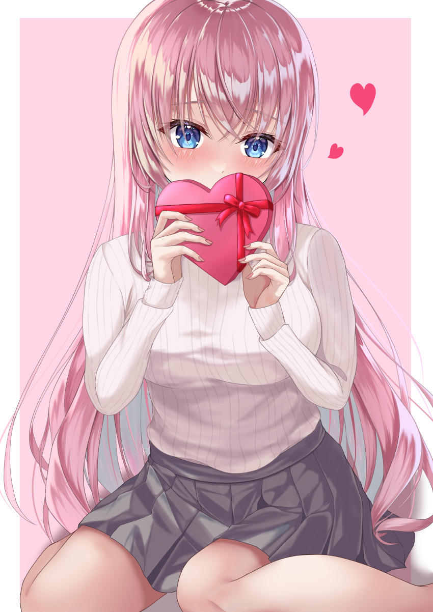 1girl absurdres blue_eyes blush box breasts gift gift_box happy_valentine heart heart-shaped_box highres holding holding_gift ichinose_(24746718) ichinose_honami_(youjitsu) large_breasts long_hair looking_at_viewer pink_hair shirt skirt valentine white_shirt youkoso_jitsuryoku_shijou_shugi_no_kyoushitsu_e