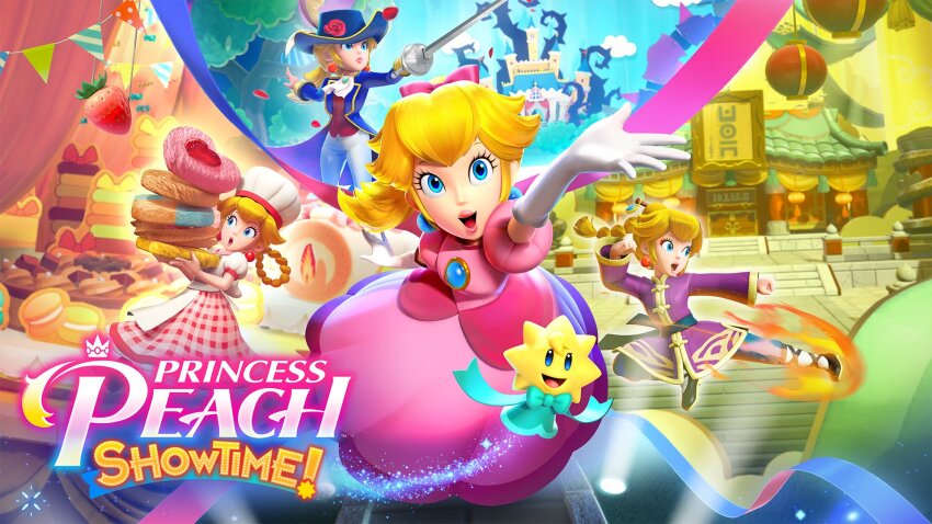 1girl blonde_hair blue_eyes blue_gemstone bow chef chef_hat chinese_clothes dress earrings elbow_gloves fighting_stance gem gloves hair_bow hat highres holding holding_sword holding_weapon jewelry kicking kung_fu_peach left-handed long_dress long_hair looking_at_viewer mario_(series) multiple_views nintendo official_alternate_hairstyle official_art open_mouth patissiere_peach pink_bow pink_dress pointing pointing_up ponytail princess_peach princess_peach:_showtime! puffy_short_sleeves puffy_sleeves second-party_source serious short_sleeves smile sphere_earrings stella_(peach) sword swordfighter_peach weapon white_gloves