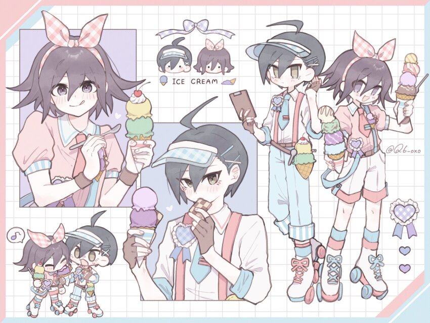 2boys ahoge alternate_costume belt bishounen black_hair blush border bow brown_eyes cherry chibi collared_shirt commentary crossed_ankles danganronpa_(series) danganronpa_v3:_killing_harmony employee_uniform eyelashes fast_food_uniform fingerless_gloves flipped_hair food fruit full_body gloves grid_background hair_between_eyes hair_bow hair_ornament hairband hairpin heart highres holding holding_spoon ice_cream ice_cream_cone kuro_(q6_oxo) licking_lips looking_at_viewer male_focus medium_hair multiple_boys multiple_hairpins musical_note necktie oma_kokichi open_mouth outside_border pale_color pants pants_rolled_up pastel_colors puffy_short_sleeves puffy_sleeves purple_eyes purple_hair roller_skates saihara_shuichi shirt short_hair short_necktie short_sleeves shorts simple_background skates sleeves_rolled_up smile spoken_musical_note spoon standing suspenders suspenders_slip symbol-only_commentary tongue tongue_out twitter_username visor_cap white_shorts