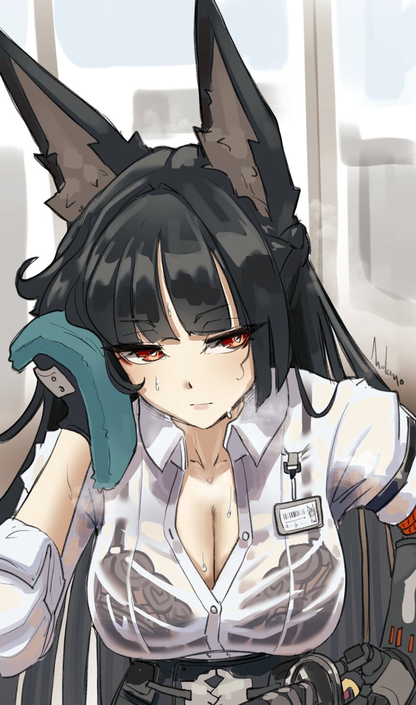 1girl absurdres animal_ears artist_name black_bra black_gloves black_hair blunt_bangs bra bra_visible_through_clothes breasts cleavage closed_mouth commentary dress_shirt english_commentary expressionless fingerless_gloves fox_ears fox_girl gloves highres holding holding_towel hoshimi_miyabi indoors large_breasts long_hair looking_to_the_side mokimolewds red_eyes see-through_clothes shirt sidelocks solo sweat sweaty_clothes towel underwear wet wet_clothes white_shirt zenless_zone_zero