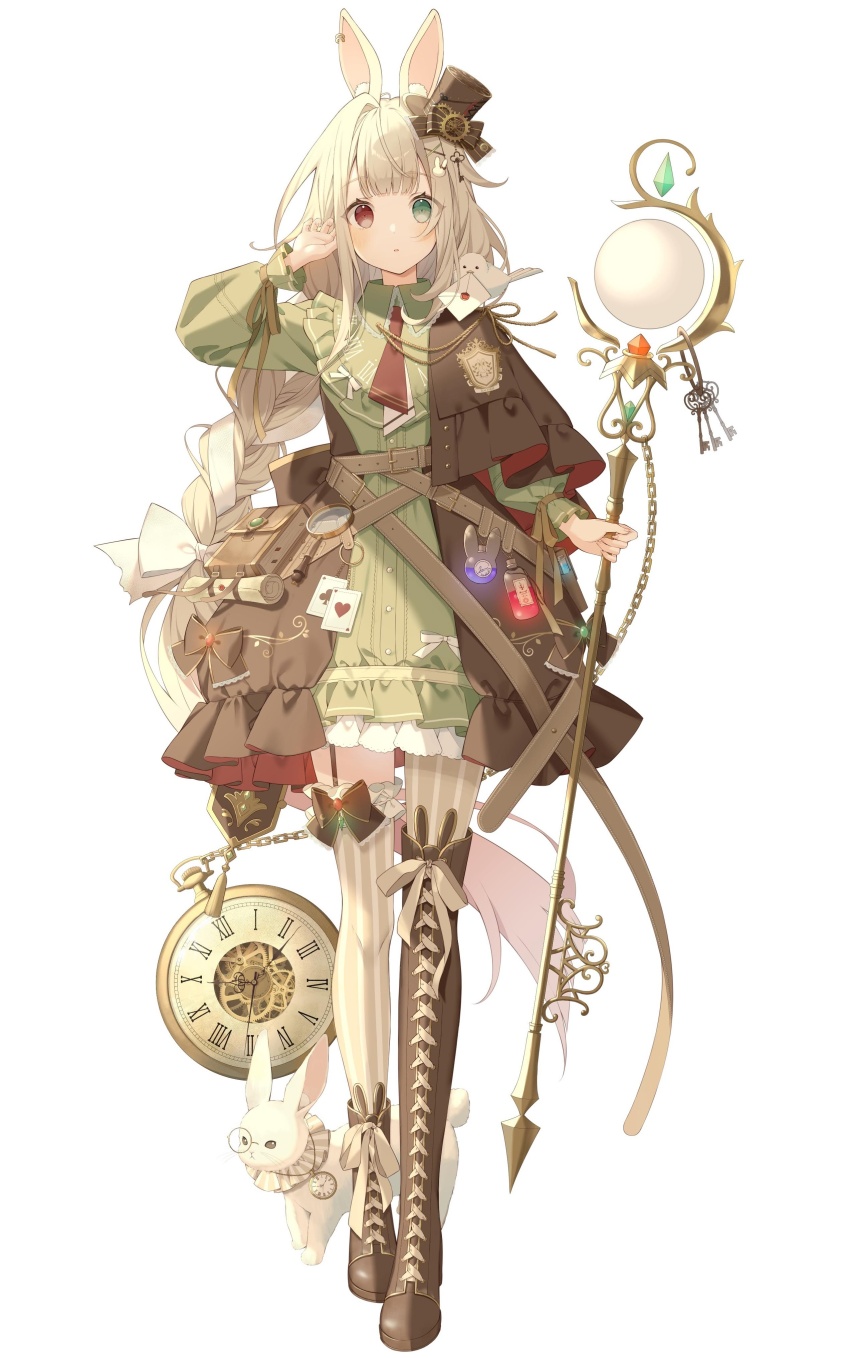 1girl absurdres ace_(playing_card) ace_of_clubs ace_of_hearts amai_melo animal_ear_fluff animal_ears asymmetrical_footwear asymmetrical_legwear blush book boots bow brown_boots brown_hat brown_jacket card club_(shape) commentary dress frilled_dress frills full_body green_dress green_eyes hair_bow hat heart heterochromia highres holding holding_staff jacket lace-up_boots long_braid long_hair long_sleeves looking_at_viewer open_clothes open_jacket original pantyhose parted_lips playing_card pocket_watch rabbit rabbit_ears red_eyes simple_background single_leg_pantyhose single_thighhigh solo staff standing striped_clothes striped_pantyhose striped_thighhighs symbol-only_commentary thigh_boots thighhighs uneven_footwear uneven_legwear watch white_background white_bow white_hair white_pantyhose white_thighhighs