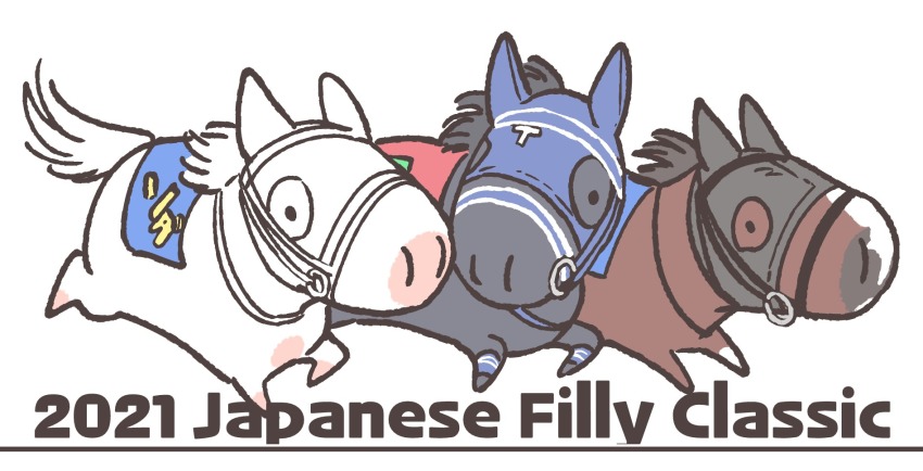 akaitorino_musume_(racehorse) animal_focus bridle chibi commentary_request english_text highres hood horse no_humans original racing real_life simple_background sodashi_(racehorse) takatsuki_nato uberleben_(racehorse) white_background