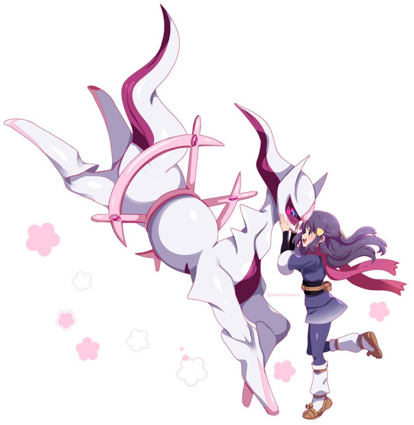 1girl :d akari_(pokemon) arceus black_hair black_pantyhose black_shirt brown_footwear commentary creatures_(company) floating_hair floating_scarf from_side game_freak gen_4_pokemon grey_jacket grey_skirt hair_ornament hairclip highres jacket leg_up legendary_pokemon long_hair loose_socks mythical_pokemon nashirasauce nintendo open_mouth pantyhose pokemon pokemon_(creature) pokemon_legends:_arceus scarf shirt shoes sidelocks skirt smile socks symbol-only_commentary white_background white_pantyhose