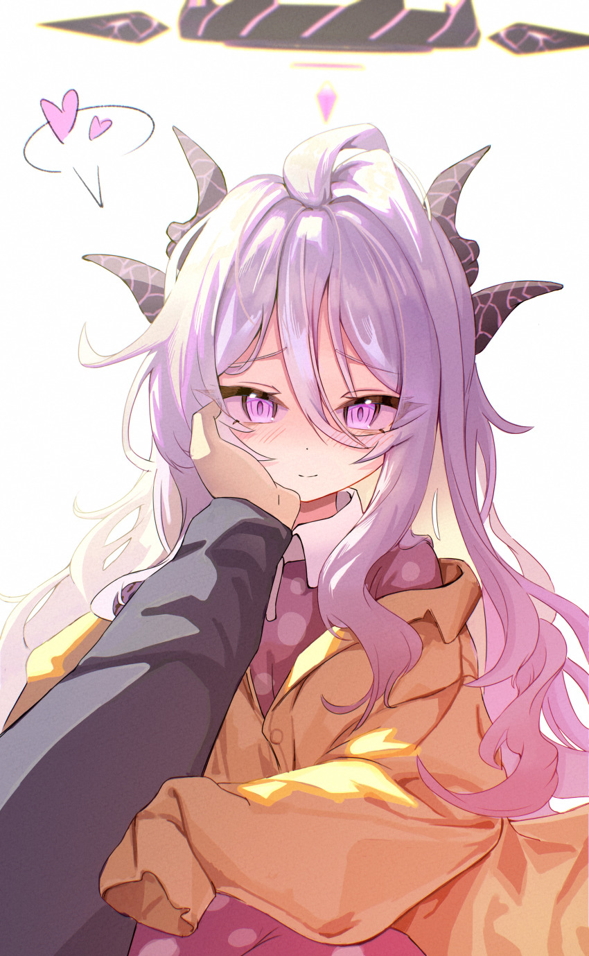 1boy 1girl absurdres aoi_233 black_halo blue_archive blush commentary_request demon_girl demon_horns halo heart highres hina_(blue_archive) hina_(pajamas)_(blue_archive) horns jacket looking_at_viewer pajamas pink_pajamas polka_dot polka_dot_pajamas purple_eyes sensei_(blue_archive) simple_background white_background yellow_jacket