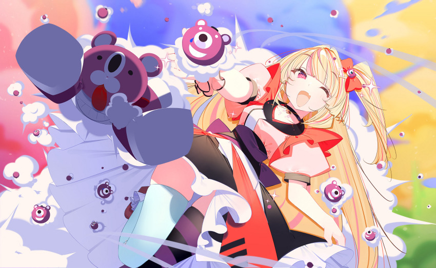 1girl artist_request ashley_taylor asymmetrical_dress bear_hair_ornament black_choker black_dress black_thighhighs blonde_hair blunt_bangs bomb boots bow chest_jewel choker colorful_background dot_nose dress explosion explosive eyelashes fang foot_out_of_frame frilled_dress frilled_footwear frills game_cg gem hair_bow hair_ornament happy highres leg_up light_blush light_particles long_hair magia_record:_mahou_shoujo_madoka_magica_gaiden magical_girl mahou_shoujo_madoka_magica mahou_shoujo_madoka_magica_magia_exedra mismatched_thighhighs multicolored_dress multicolored_hair official_art one_eye_closed one_side_up open_mouth pink_dress pink_eyes pink_hair pink_thighhighs puffy_short_sleeves puffy_sleeves red_boots red_bow red_dress red_gemstone short_sleeves skin_fang skindentation skirt_hold smile solo streaked_hair striped_clothes striped_thighhighs stuffed_animal stuffed_toy teddy_bear thighhighs throwing tsurime two-tone_thighhighs very_long_hair white_dress white_thighhighs