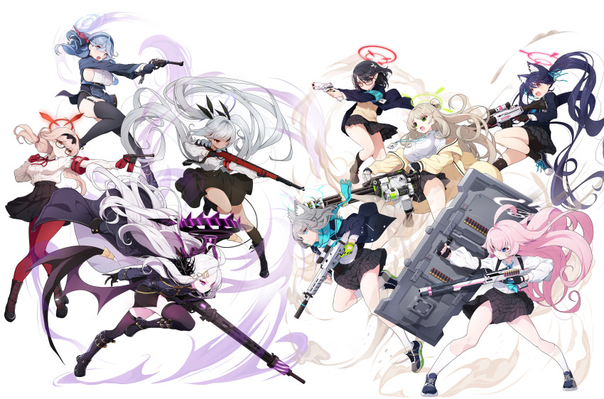 6+girls absurdres ahoge aiming ako_(blue_archive) animal_ears aqua_armband aqua_scarf armband assault_rifle ayane_(blue_archive) beretta_1301 beretta_ar70/90 bike_shorts bike_shorts_under_skirt black_gloves black_hair black_skirt blazer blonde_hair blue_archive blue_hair blue_jacket bolt_action cardigan cat_ears chest_harness chinatsu_(blue_archive) commentary_request extra_ears floating_hair foreclosure_task_force_(blue_archive) gatling_gun gloves grey_hair gun hair_bun halo handgun harness highres hina_(blue_archive) holding holding_gun holding_shield holding_weapon hoshino_(blue_archive) iori_(blue_archive) jacket koflif long_hair looking_ahead looking_at_another luger_p08 m134_minigun machine_gun mauser_98 mauser_c96 mg42 multiple_girls nonomi_(blue_archive) opposing_sides pink_hair pleated_skirt prefect_team_(blue_archive) rifle scarf school_uniform serika_(blue_archive) shield shiroko_(blue_archive) shirt sig_p228/p229 sig_sauer sig_sauer_556 simple_background single_side_bun skirt very_long_hair weapon white_background white_shirt yellow_cardigan