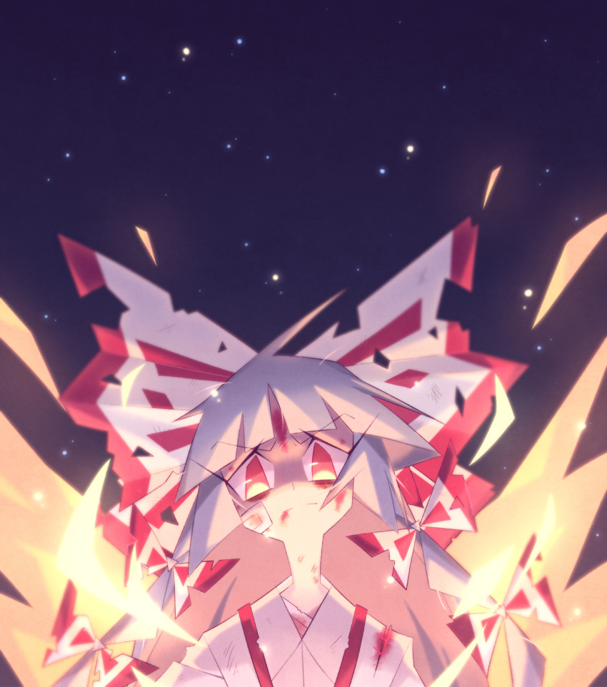 1girl blunt_bangs bow closed_mouth commentary_request embers fire frown fujiwara_no_mokou grey_hair guuchama hair_bow highres long_hair looking_at_viewer multiple_hair_bows orange_eyes purple_sky shirt sky solo star_(sky) starry_sky suspenders touhou upper_body v-shaped_eyebrows very_long_hair white_bow white_shirt